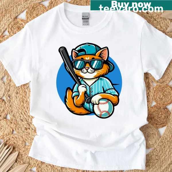 Cartoon of a cool cat playing baseball on an oversized T-shirt