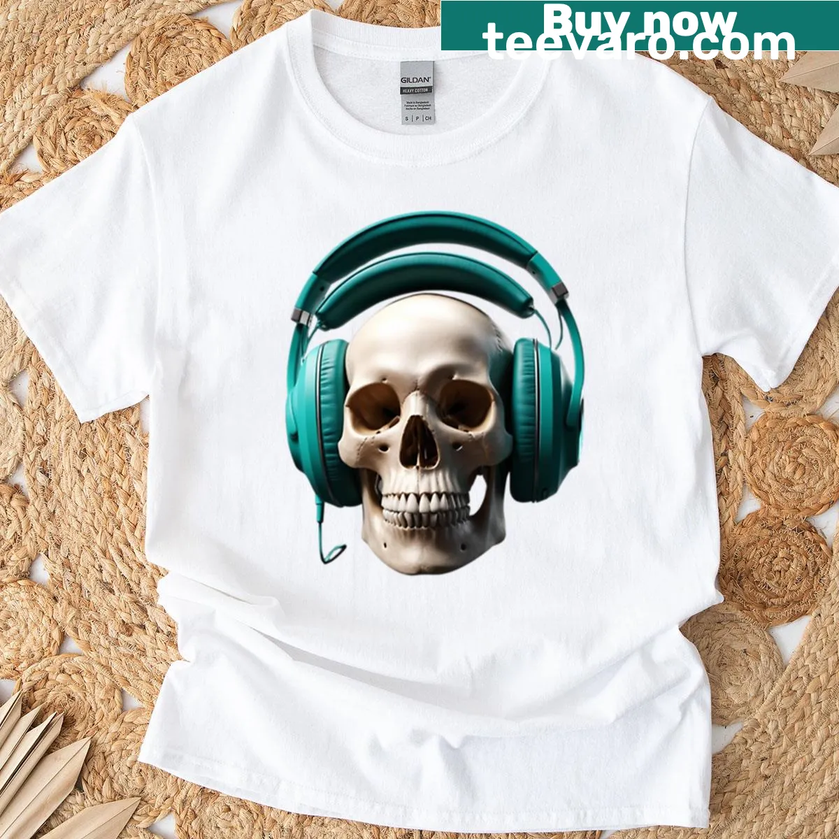 T-shirt featuring a skull with teal headphones illustration — on a men's t-shirt