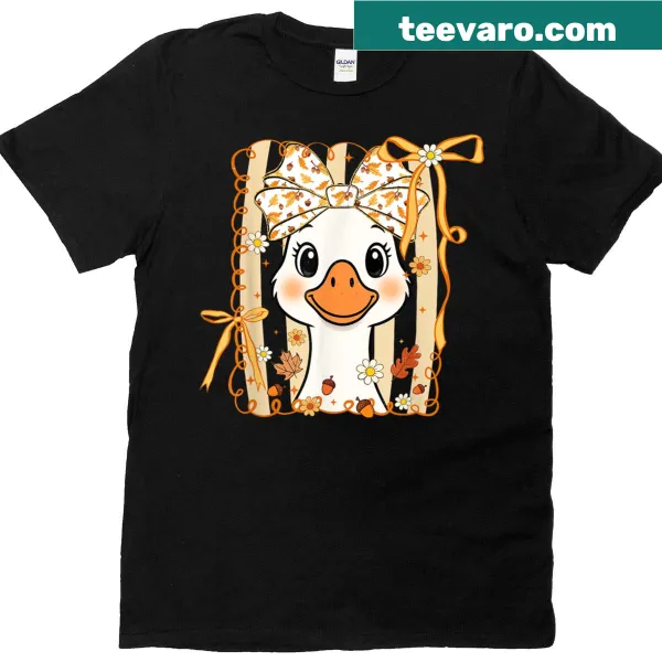 Thanksgiving t-shirt featuring a whimsical goose with a bow and falling leaves