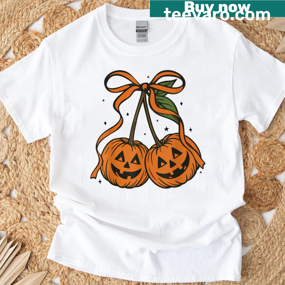 Cute autumn-themed t-shirt with pumpkins and cherries illustration — on a men's t-shirt