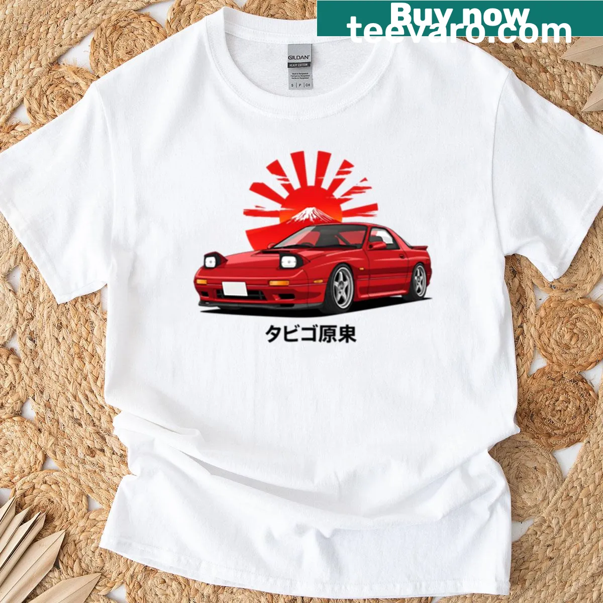 Illustration of a Crimson Red Rx-7 FC3S on a t-shirt — on a men's t-shirt
