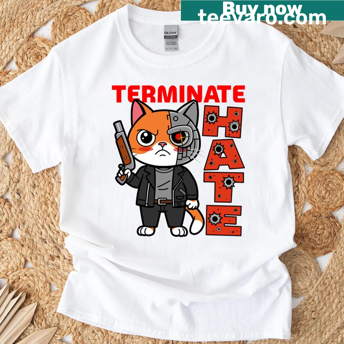 Oversized T-shirt with cute 80s sci-fi movie cat meme graphic — on a men's t-shirt
