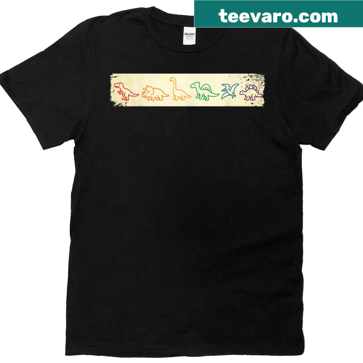 Line art of a cute dinosaur with rainbow accents on a T-shirt. — on a men's t-shirt