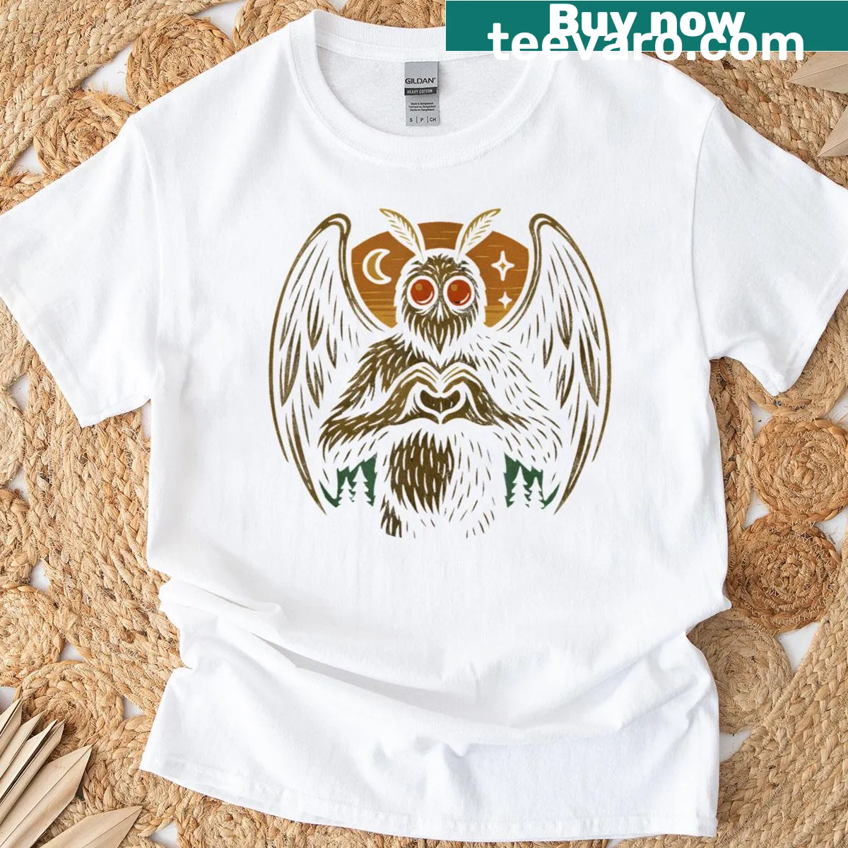 Mothman making heart hands in a playful cartoon style — on a men's t-shirt