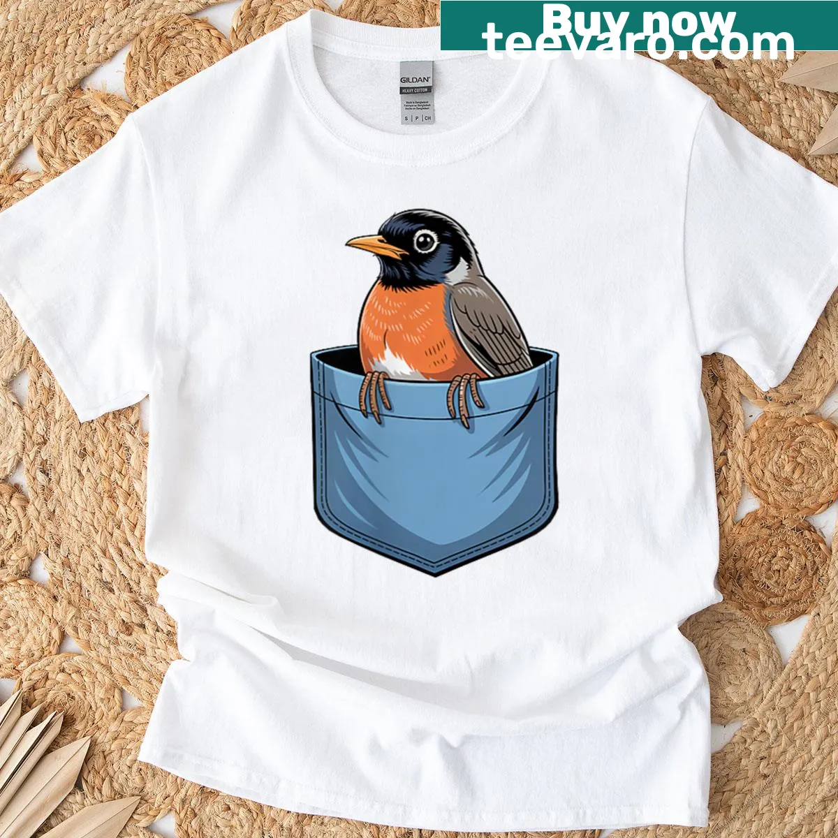 Illustration of an American robin in a pocket design — on a men's t-shirt