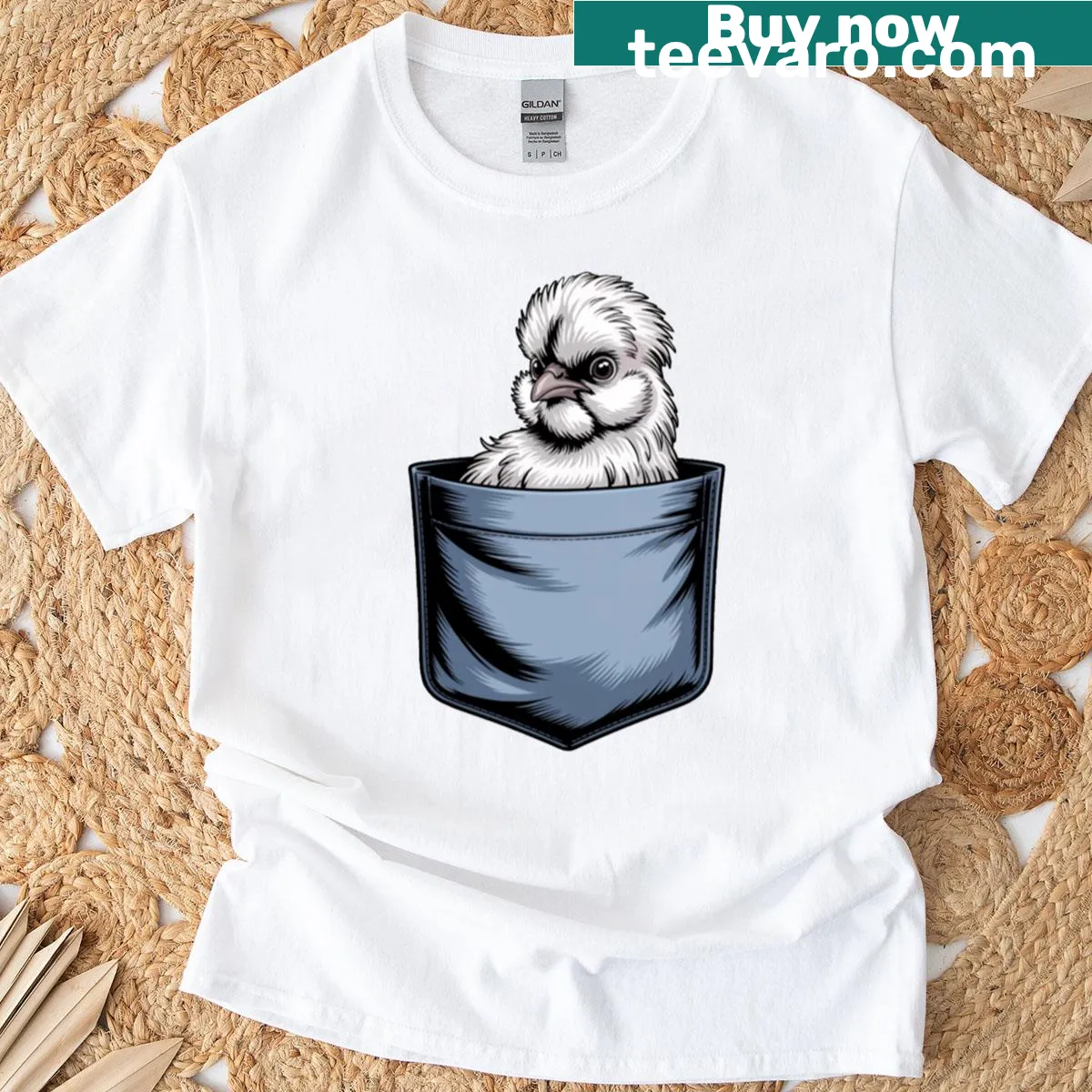 T-shirt with a cute pocket design of a Silkie chicken — on a men's t-shirt