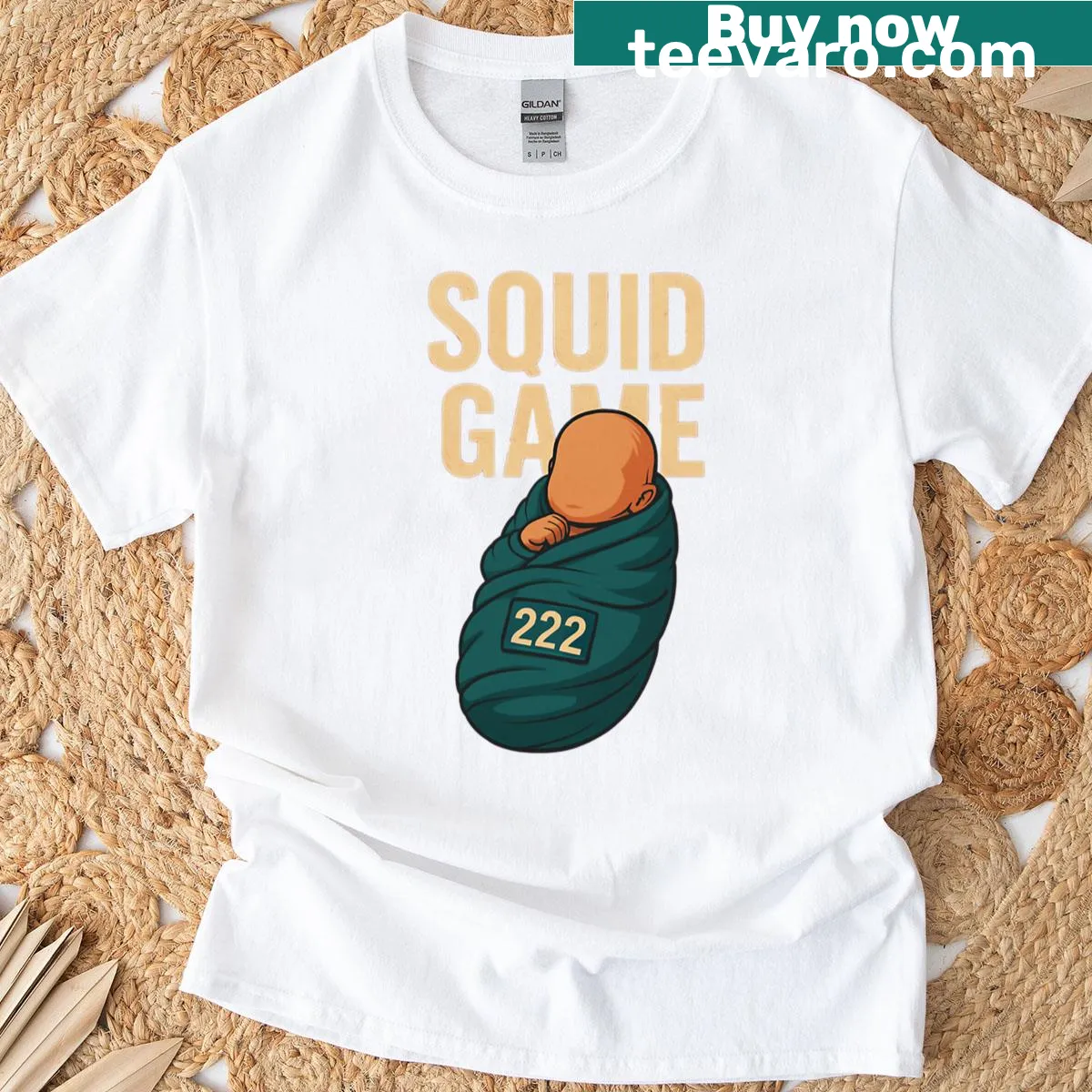 Cartoon Baby Player 222 from Squid Game design — on a men's t-shirt