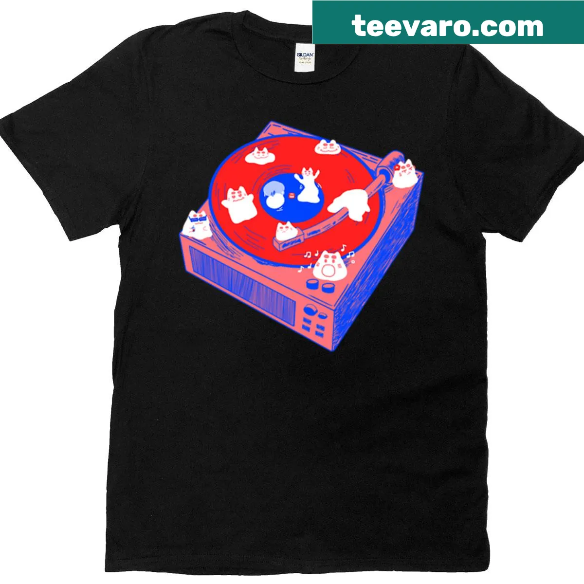 Illustration of a cute white cat on a vinyl music player with slime. — on a men's t-shirt