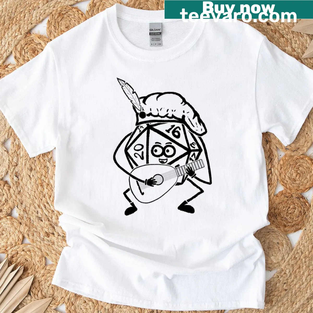 Oversized T-shirt with cartoon D20 bard graphic — on a men's t-shirt