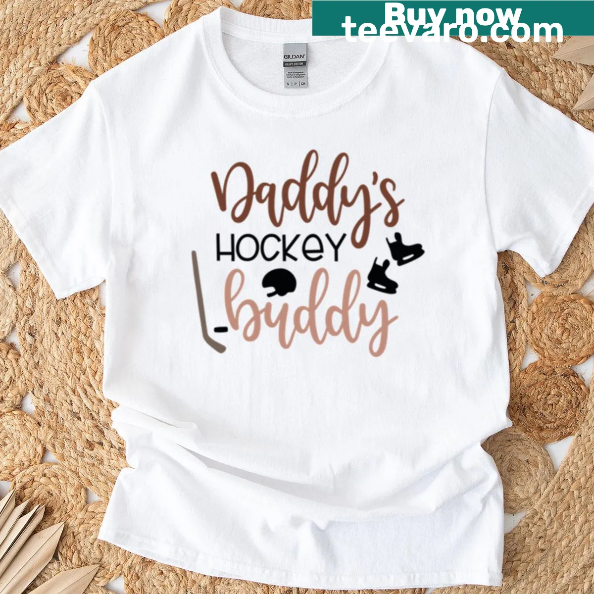 Boxy T-shirt with Daddy's Hockey Buddy text — on a men's t-shirt