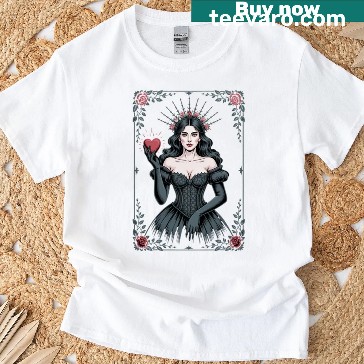 Gothic Queen of Hearts illustration on oversized t-shirt — on a men's t-shirt