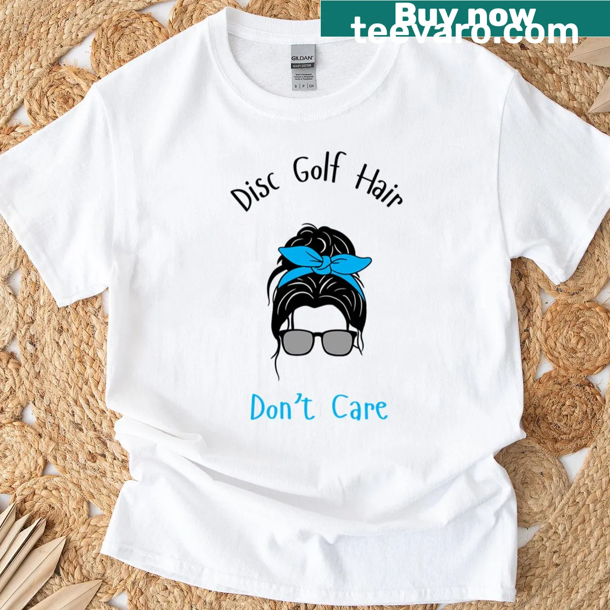 Disc Golf T-shirt with a playful 'Hair Don't Care' graphic — on a men's t-shirt