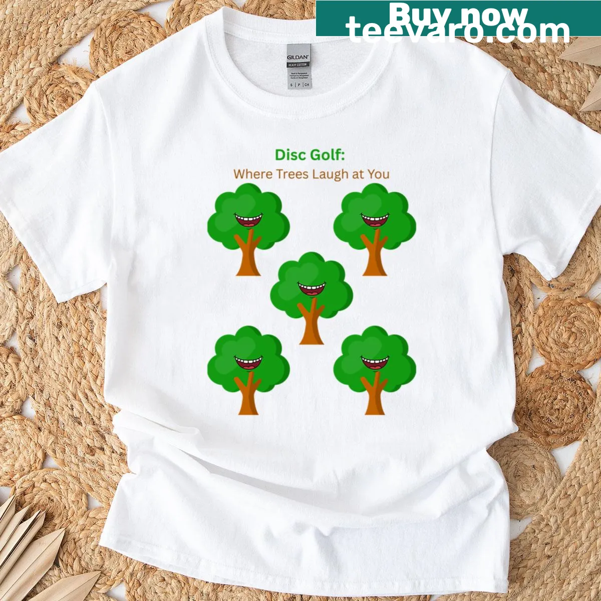 Funny disc golf T-shirt with text about trees laughing — on a men's t-shirt