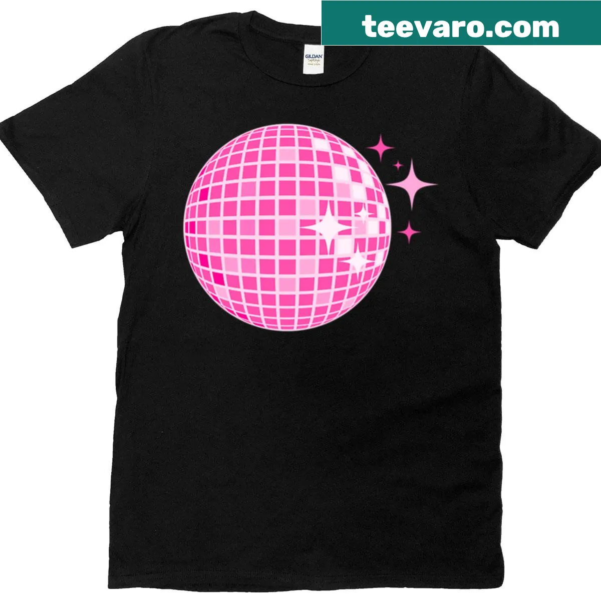 Playful disco ball graphic on oversized pink t-shirt — on a men's t-shirt