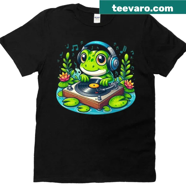 T-shirt featuring a DJ frog spinning tracks on lily pads