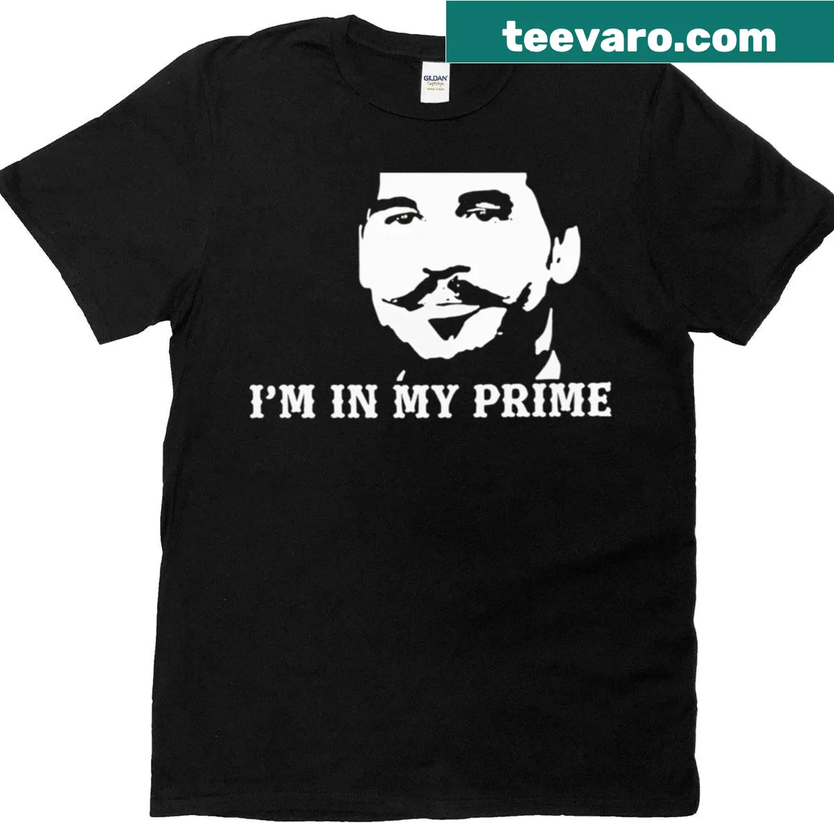 Illustrated t-shirt featuring Doc Holliday with the phrase I'm in my prime — on a men's t-shirt