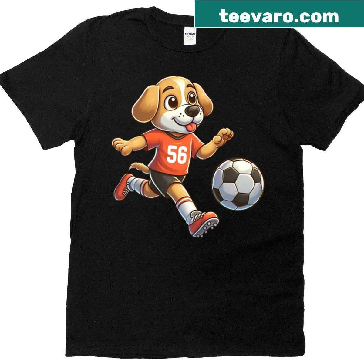 T-shirt with a cartoon dog playing football graphic — on a men's t-shirt