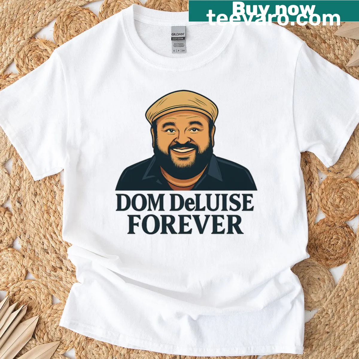 Vintage-style T-shirt honoring Dom Deluise with 'Dom Deluise Forever' text — on a men's t-shirt