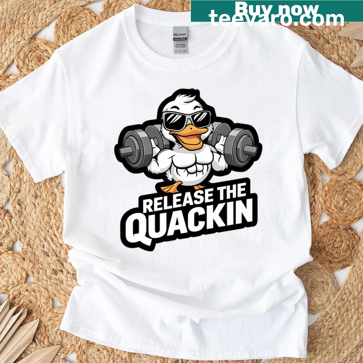 Vintage-style t-shirt featuring a duck lifting weights in the gym — on a men's t-shirt