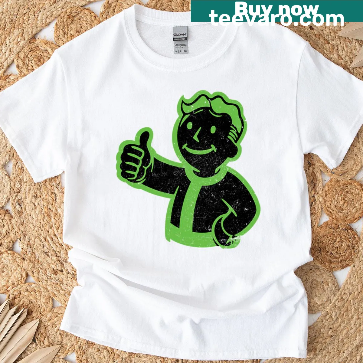 Vintage distressed t-shirt featuring Vault Boy in a humorous design — on a men's t-shirt