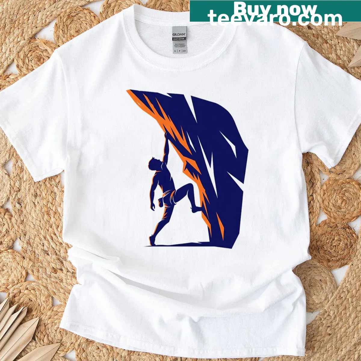 Rock climbing silhouette graphic T-shirt featuring a climber in action. — on a men's t-shirt