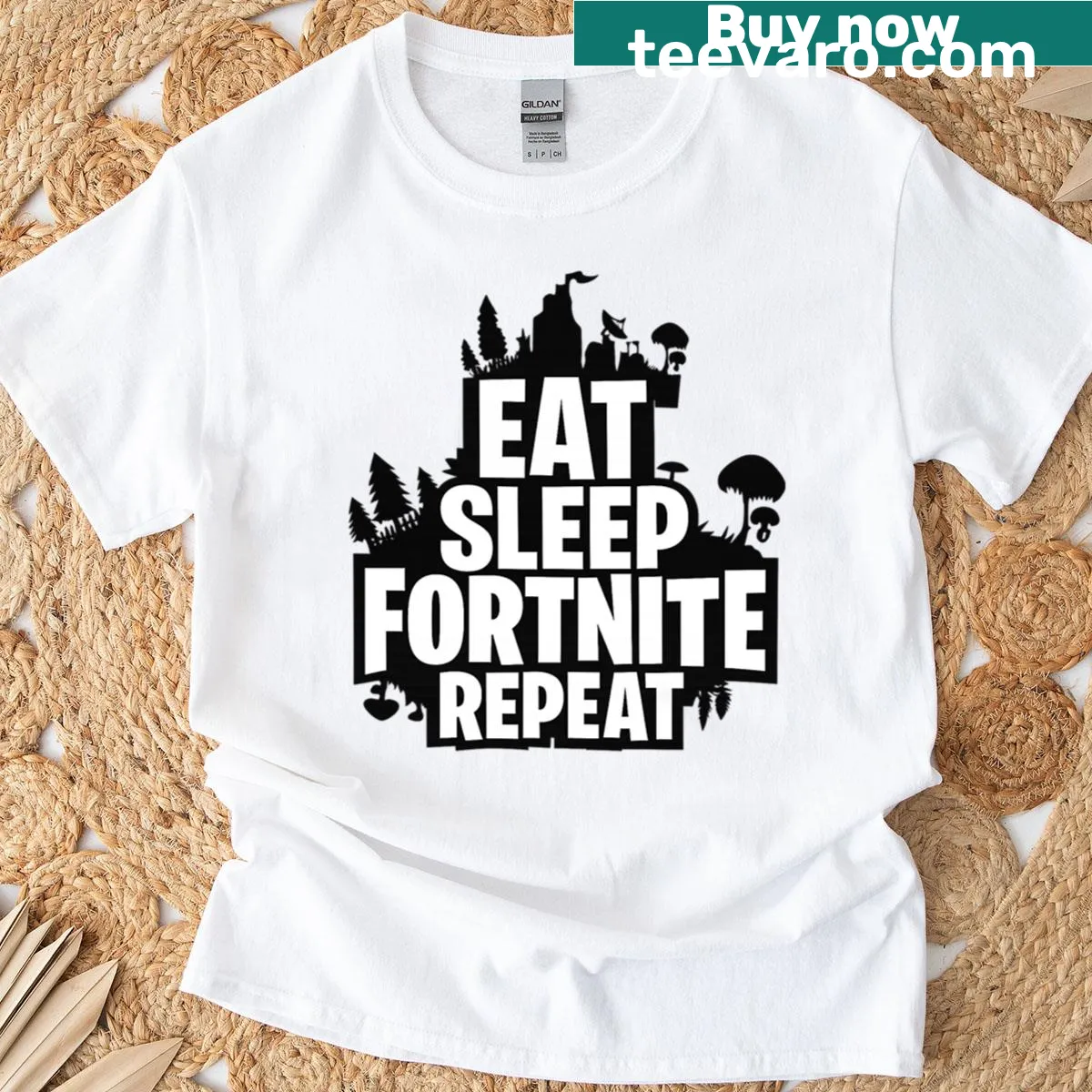 Typography t-shirt with 'Eat Sleep Fortnite Repeat' design — on a men's t-shirt