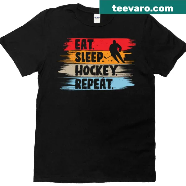 Hockey-themed T-shirt with 'Eat Sleep Hockey Repeat' text