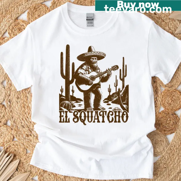 Whimsical Bigfoot Guardian of the Desert t-shirt with guitar