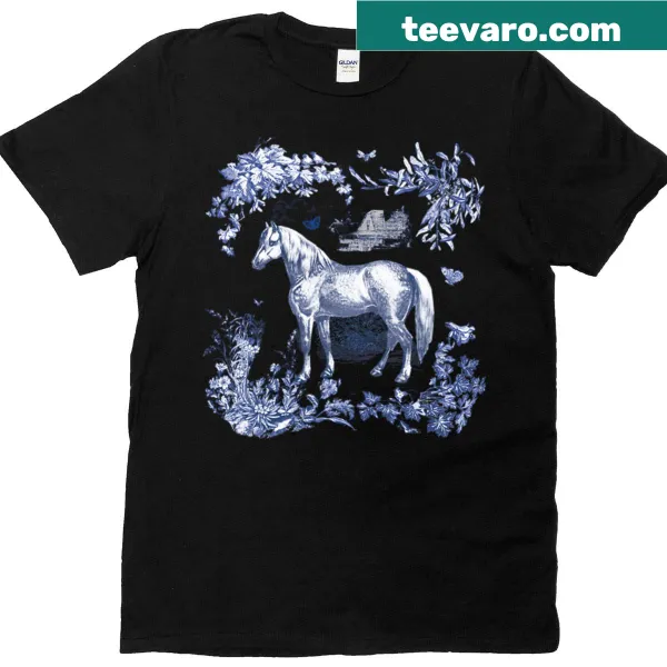 Vintage horse and floral toile design on stylish t-shirt