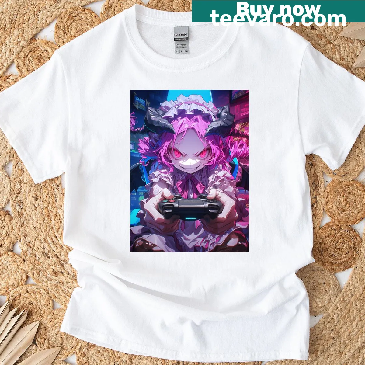 Neon graphic of a gamer girl with pink horns and bold design — on a men's t-shirt