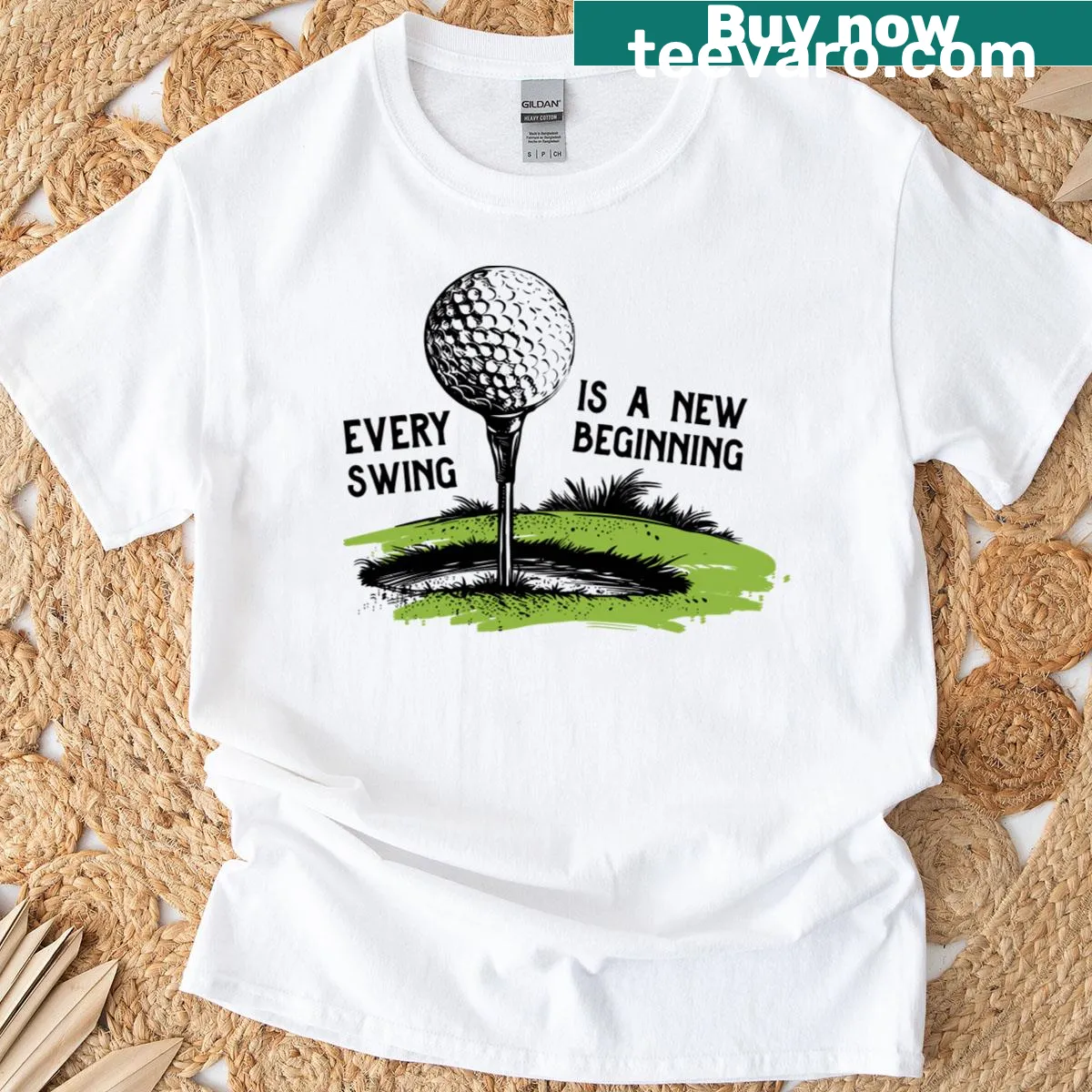 Inspirational T-shirt with the phrase 'Every Swing Is A New Beginning' — on a men's t-shirt