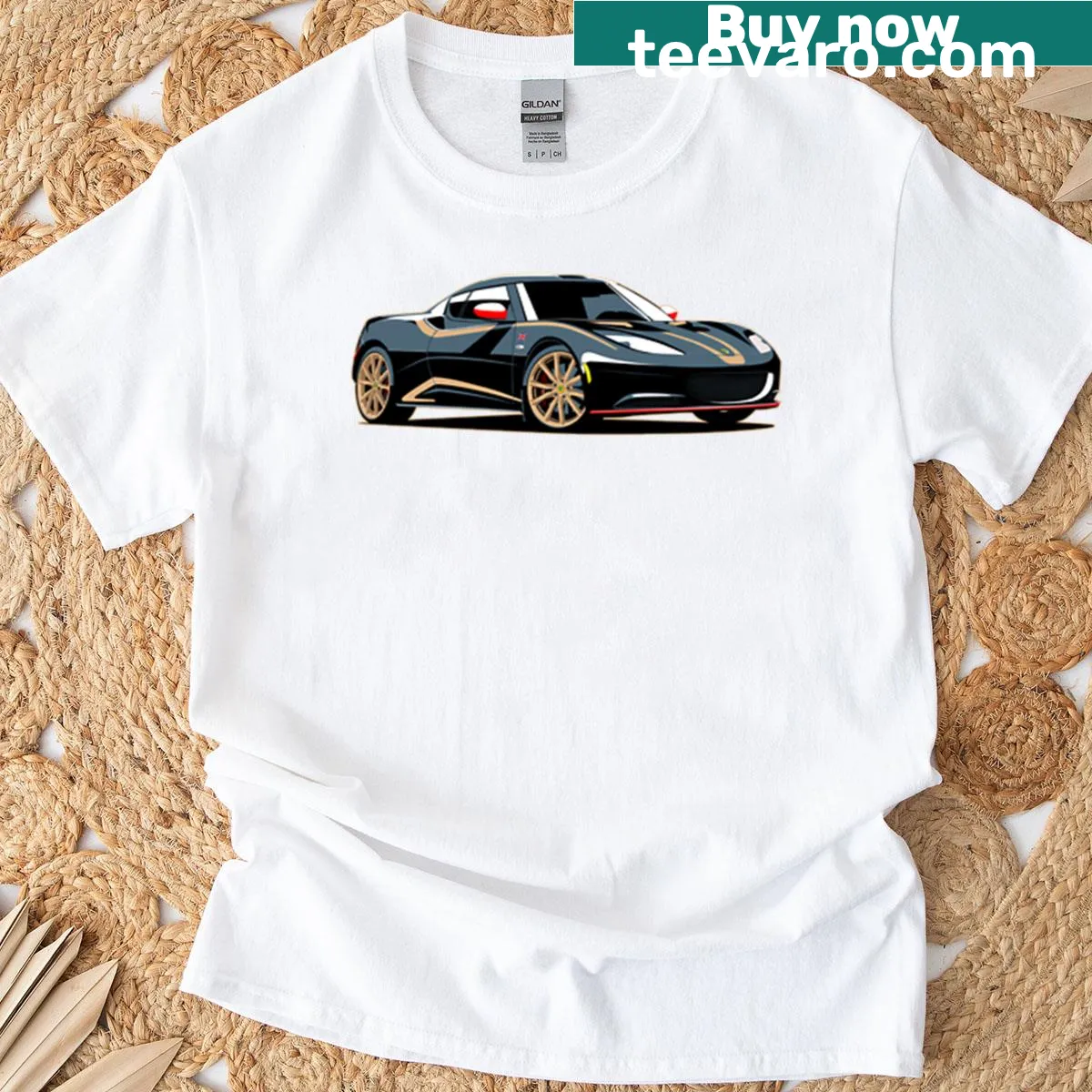 Illustrated T-shirt featuring the Evora British sports car — on a men's t-shirt