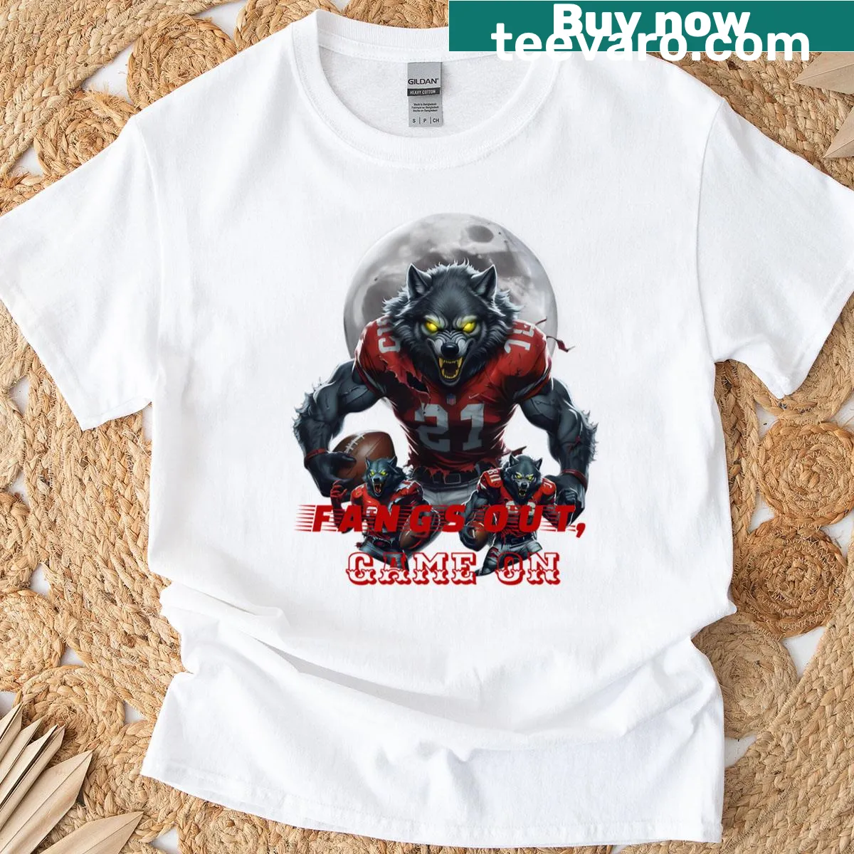 Playful gaming t-shirt with text Fangs Out Game On — on a men's t-shirt