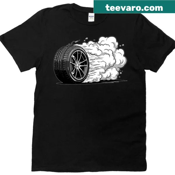 Graphic of fast wheels and smoke on a racing T-shirt