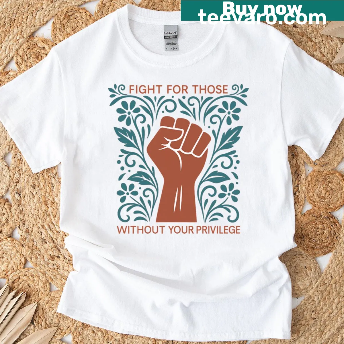 Feminist and justice-themed text graphic on a T-shirt. — on a men's t-shirt