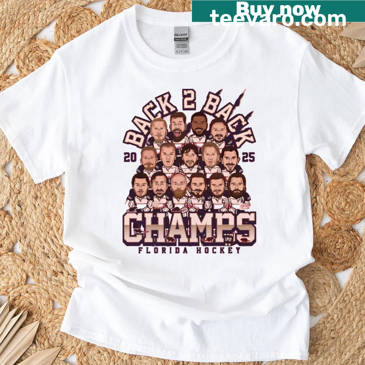Emblematic T-shirt celebrating Florida Hockey Champs 2025 with bold graphics. — on a men's t-shirt