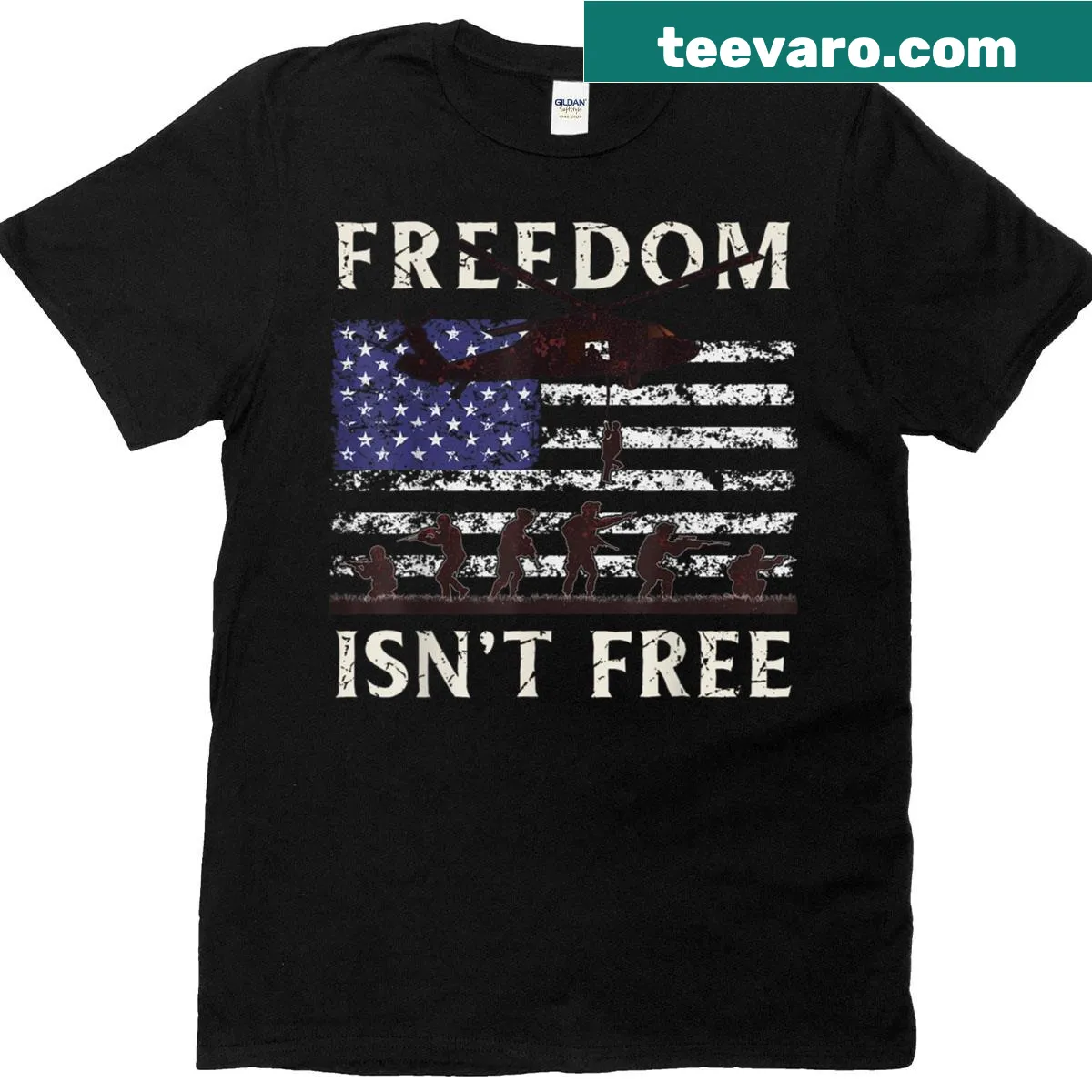 Patriotic T-shirt featuring a helicopter and USA flag — on a men's t-shirt
