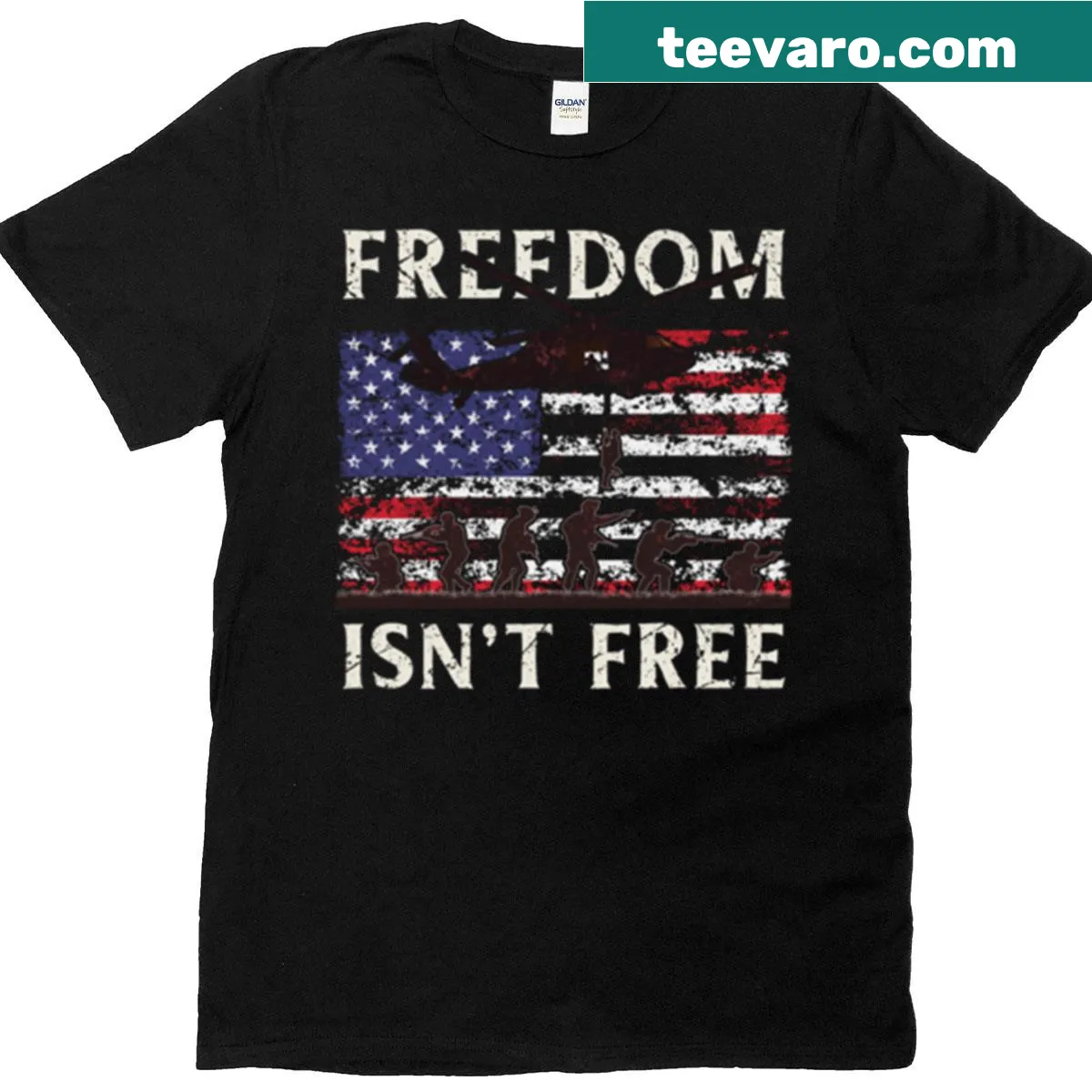 Patriotic t-shirt with USA flag and helicopter graphic — on a men's t-shirt