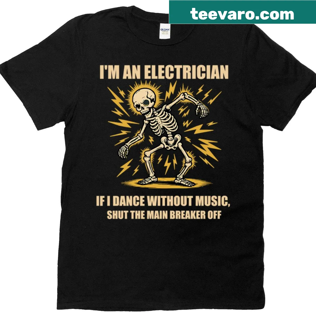 Funny cartoon skeleton electrician t-shirt with a humor twist — on a men's t-shirt