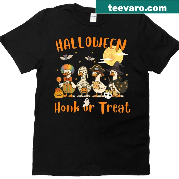 Silly goose illustration on a Halloween t-shirt that says Honk Or Treat
