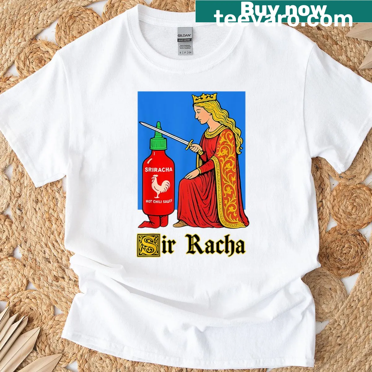 Medieval-themed T-shirt with hot sauce illustrations — on a men's t-shirt
