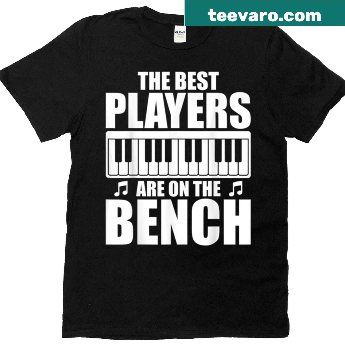 Whimsical piano graphic T-shirt — on a men's t-shirt