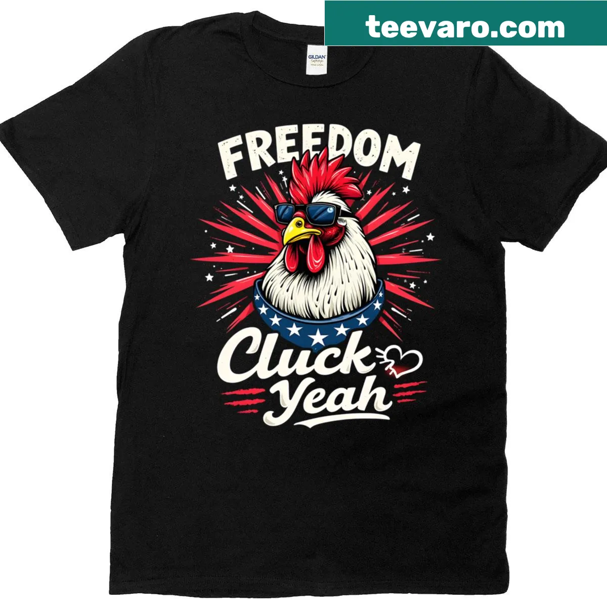 Patriotic T-shirt with a humorous chicken freedom design — on a men's t-shirt