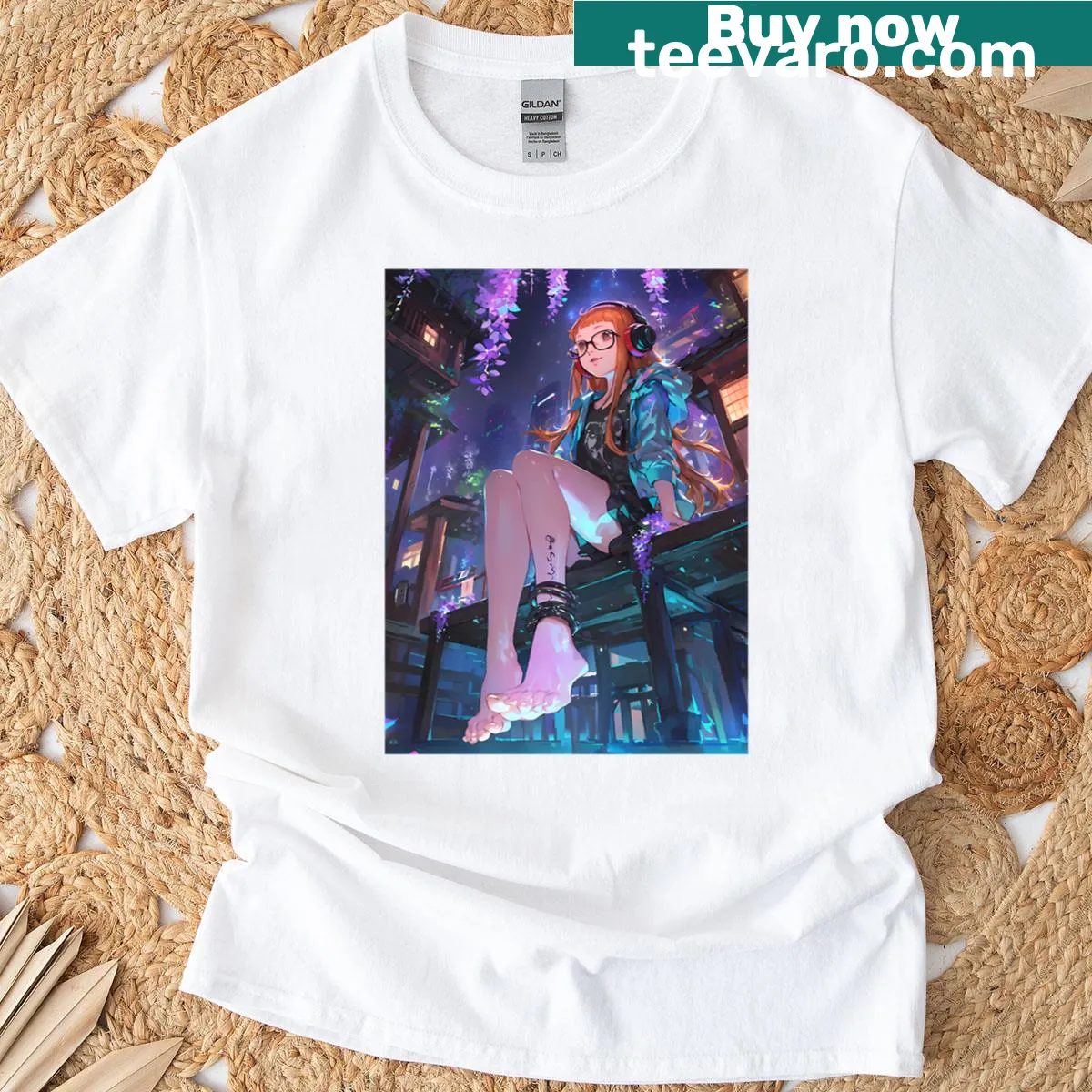 Oversized T-shirt featuring Futaba Sakura in a neon wisteria garden — on a men's t-shirt