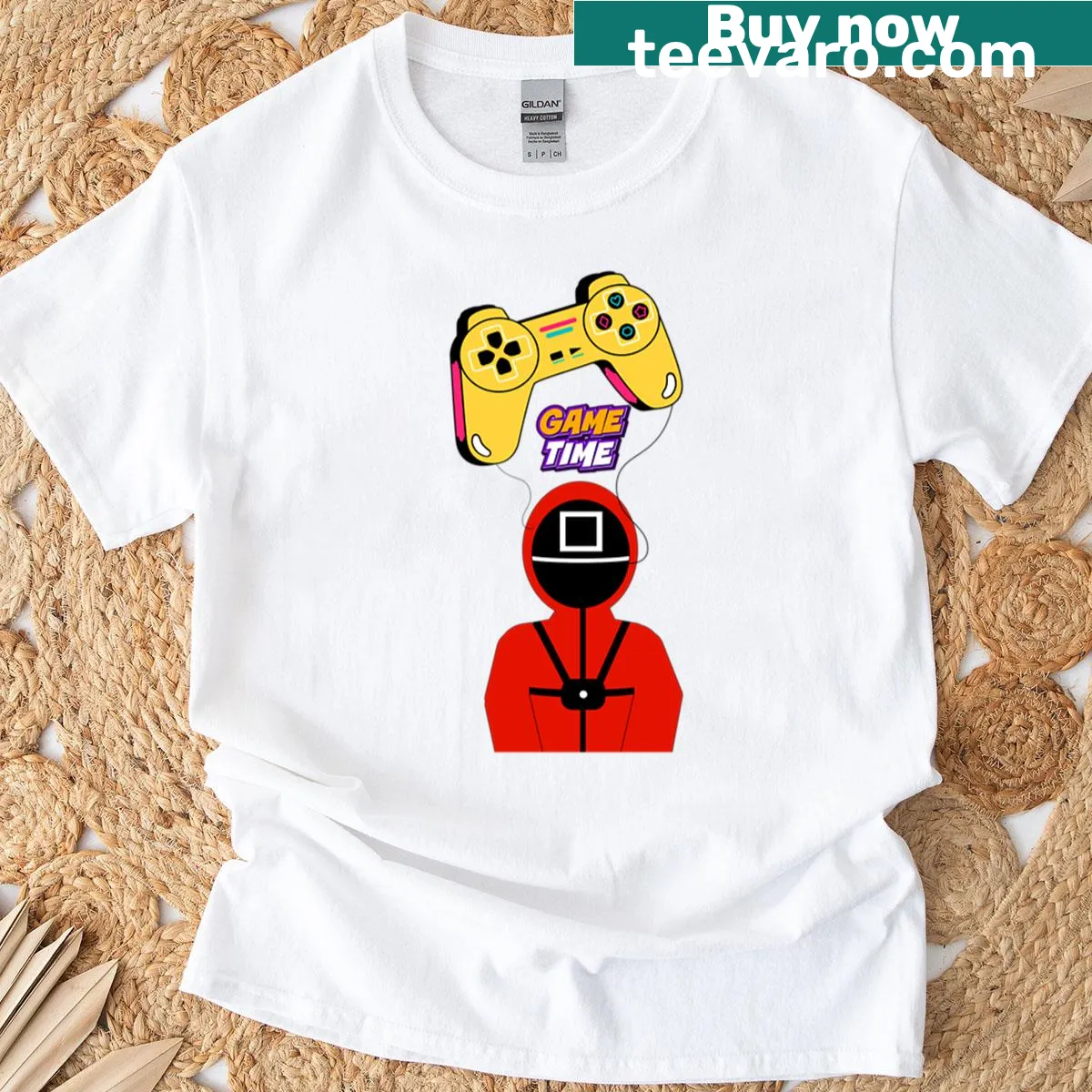 Illustrative T-shirt featuring a squid soldier and gaming controller art for gamers. — on a men's t-shirt