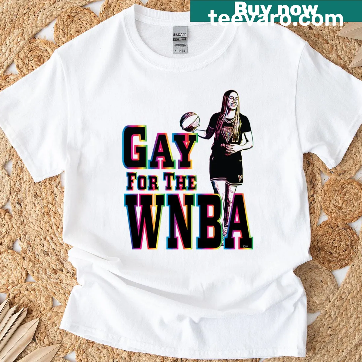 T-shirt with a playful WNBA pride graphic — on a men's t-shirt