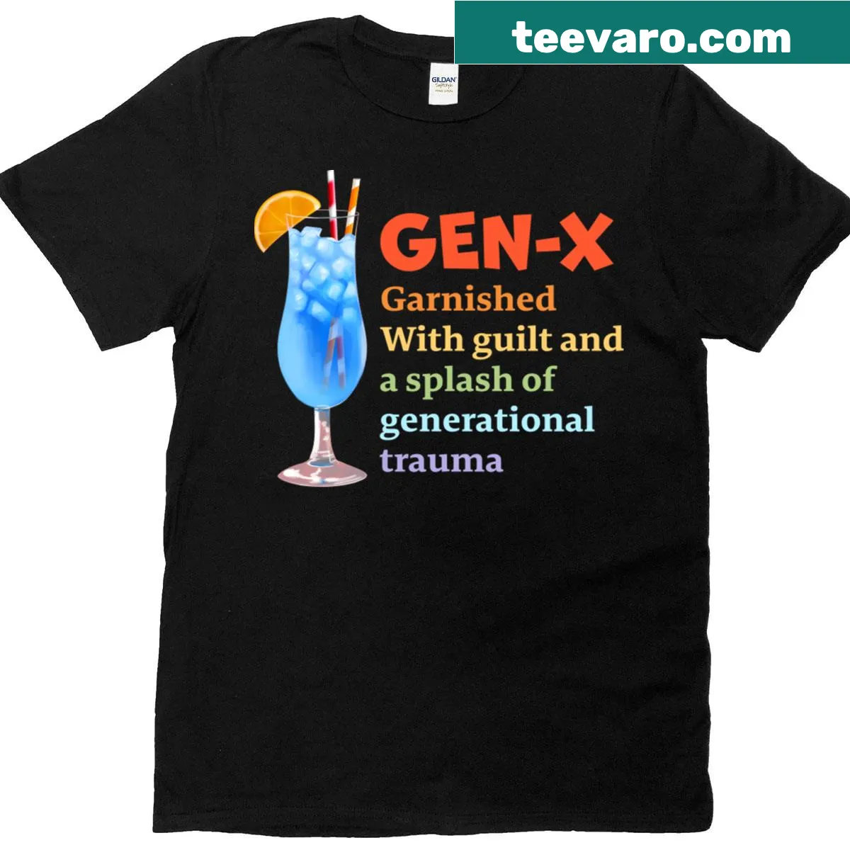 T-shirt with the text 'Garnished With Guilt And A Splash Of Generational Trauma' for Gen-X — on a men's t-shirt