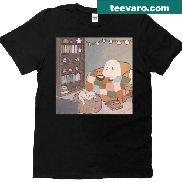 Charming Halloween t-shirt featuring a ghost watching movies