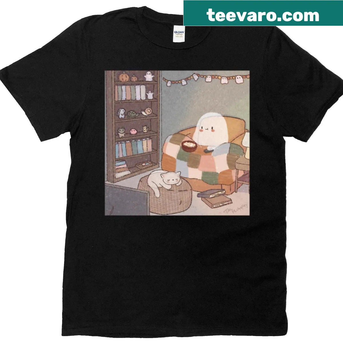 Charming Halloween t-shirt featuring a ghost watching movies — on a men's t-shirt