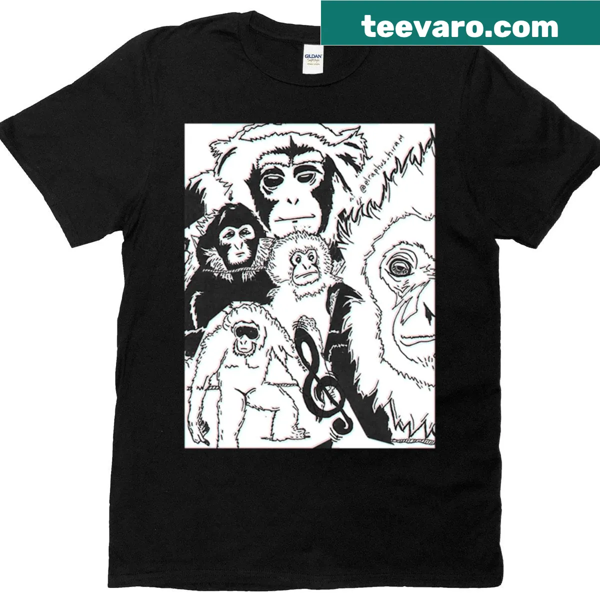 Illustrated gibbons making music on a t-shirt — on a men's t-shirt